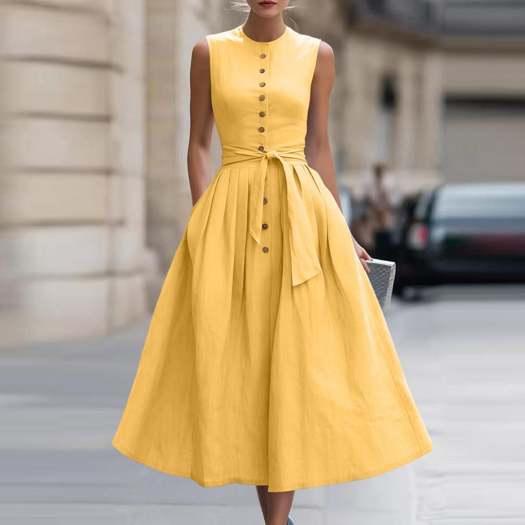 Abito midi da donna senza maniche con bottoni frontali in misto cotone e lino con cintura in vita e tasche, vestibilità classica per l'uso quotidiano