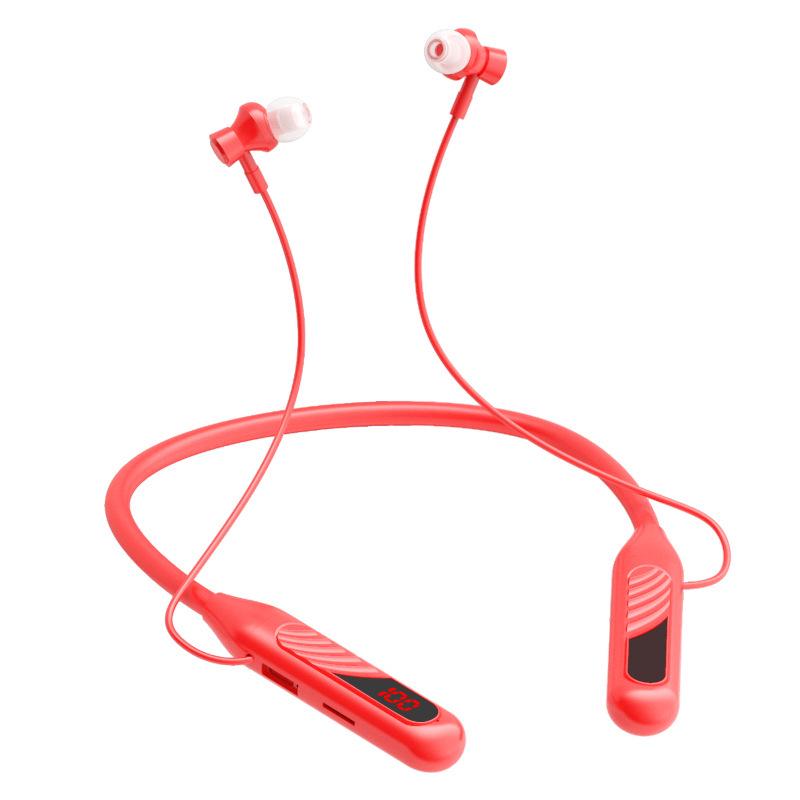 BT-8 Wireless Bluetooth Sports Neckband Headphones with Card Slot, Large Battery, Digital Display, and Noise Cancelling Feature.