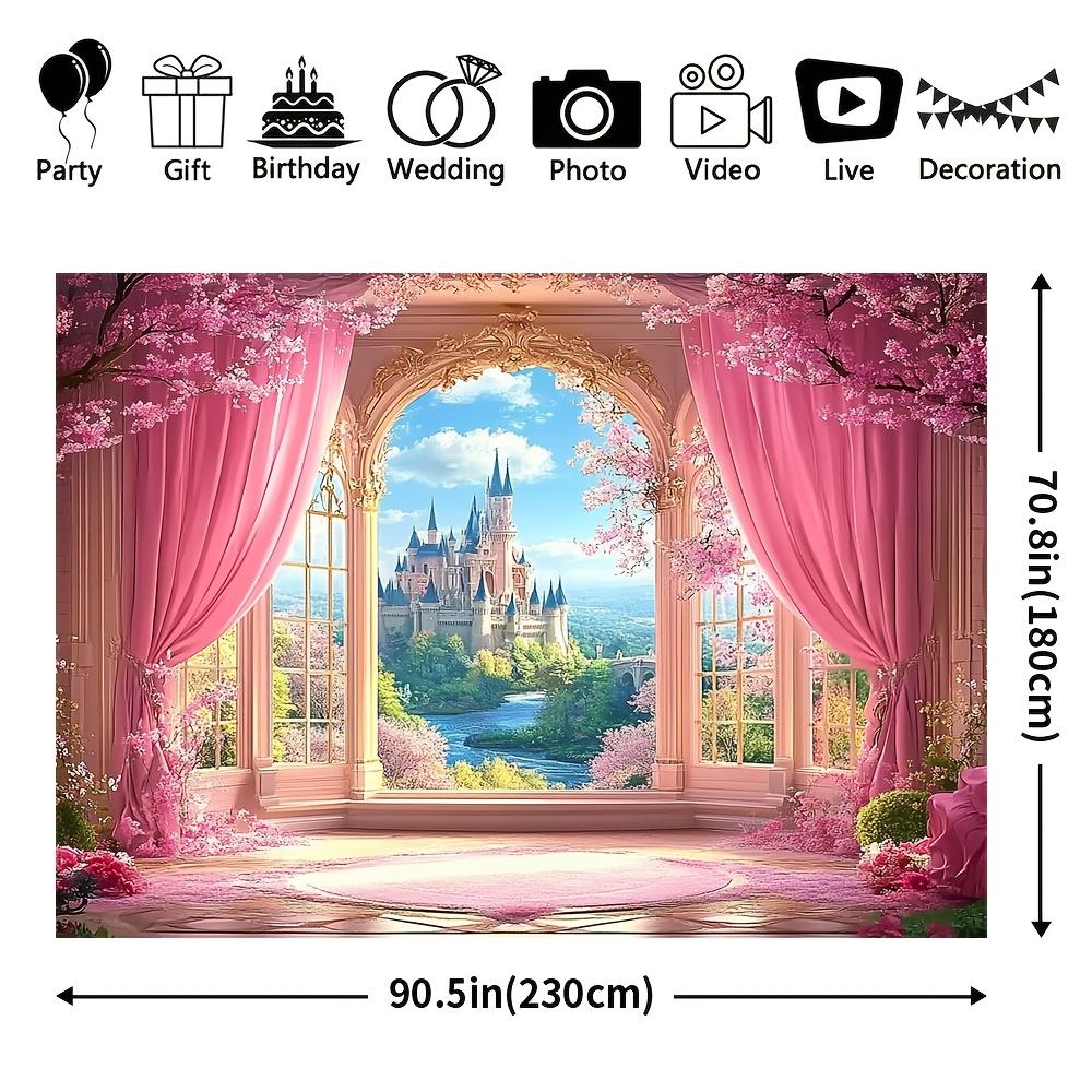1 banner supradimensionat Castelu de Vis cu Trandafiri Roz de Primăvară - fundal hipnotizant din poliester cu flori de cireș și castel maiestuos