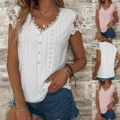 Summer Women's T-shirt Fashion Loose Solid Color Lace V-neck Short-sleeved T-shirt Tops
