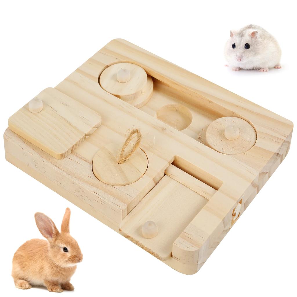 Wooden Guinea Pig Foraging Toy Treat Dispenser Toy with 6 Food Holes Interactive Hamsters Foraging Toy Pet Accessory for Rabbits
