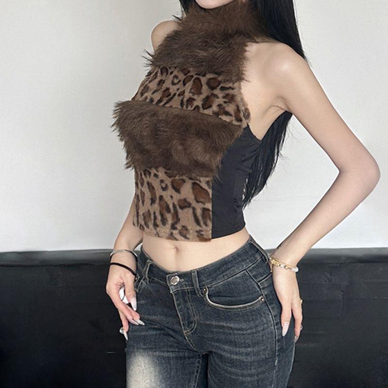 Collar Halterneck Sleeveless Leopard Print Vest European and American Foreign Trade Women's Clothing Sexy Style Pure Desire Silm Short Open Back Tops
