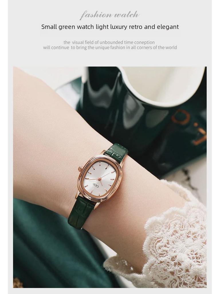 Godi Retro Oval Ladies’ Waterproof Quartz Watch with Genuine Leather Strap