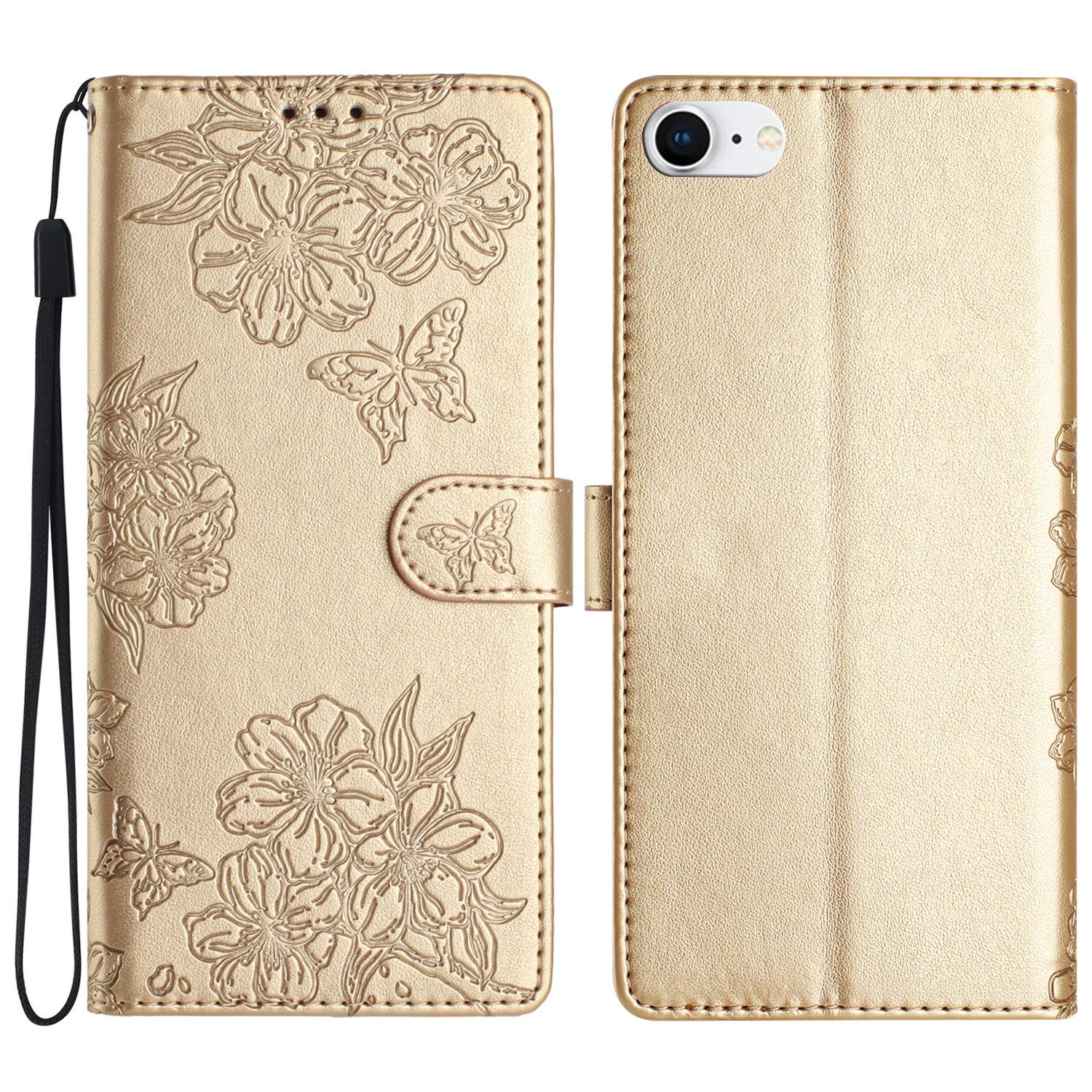 

For iPhone 6/6s/7/8 4.7 Inch/SE (2020)/SE (2022) Case Sakura Butterfly Imprint Leather Wallet Stand Phone Cover Gold