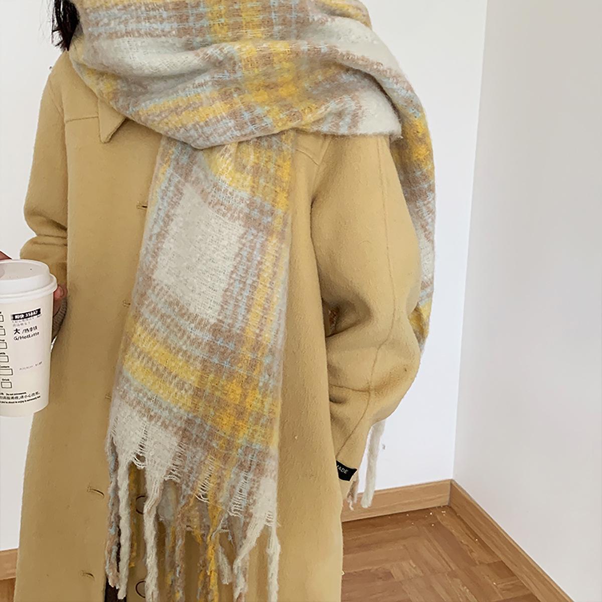 Women s Color Block Plaid Mohair Scarf – Large Thick Tassel Shawl for Autumn/Winter