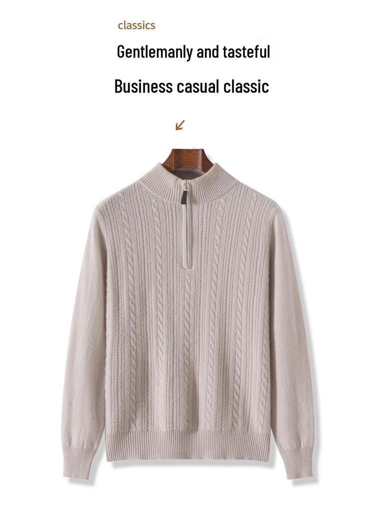Men's Twisted Wool Sweater, Autumn/Winter, Half-High Neck, Half-Zip, Warm Knit Base Layer