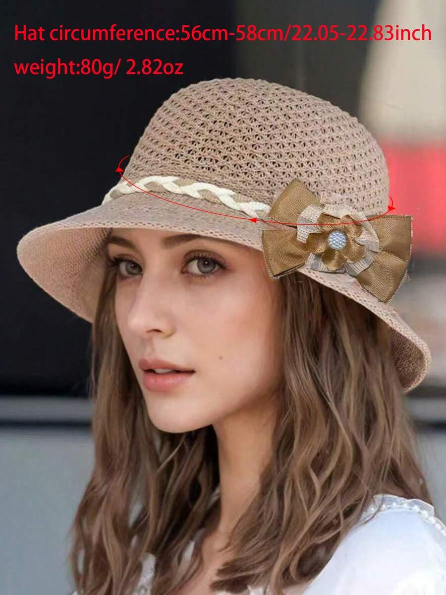 My Extreme Outdoor Activities Women's Knitted Wide Brim Straw Sun Hat With Floral Bow Decor