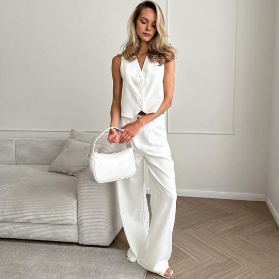 

2 шт./компл. женское пальто и брюки, комплект с V-образным вырезом, однобортный кардиган, куртка без рукавов, широкие брюки с высокой талией, прямые брюки, женский формальный коммутирующий наряд M белый