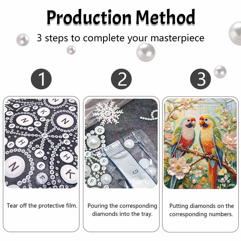 Frameless DIY Pearl Bead Painting Kit Two Parrots Pattern Creative Relaxing Craft Canvas Home Decor Adult Gift