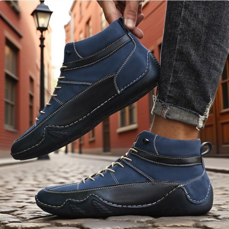 Men's High Top Casual Shoes Handmade Leather Spring/summer New Item Color Blocked Soft Sole Walking Shoes Breathable Bare Boots
