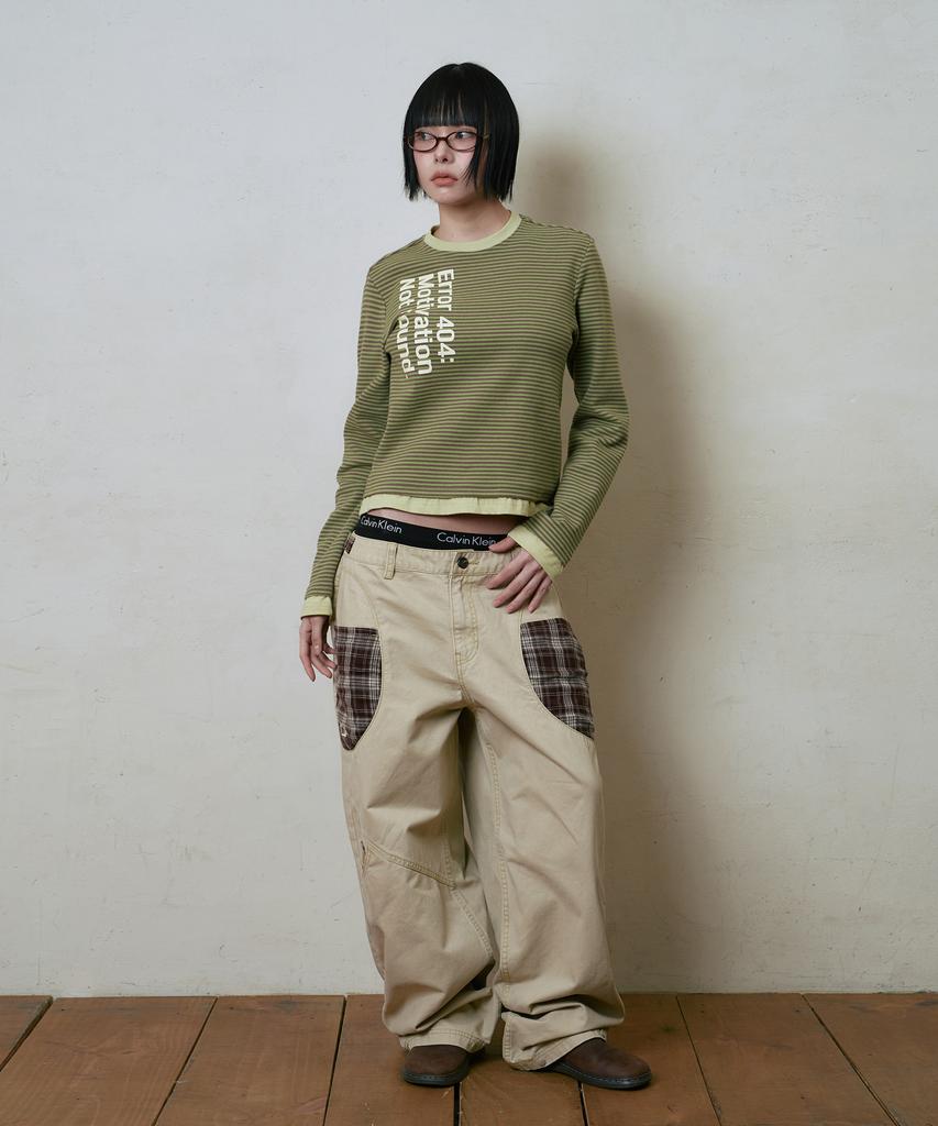 Lujeoseukeulleob Check Patch Wide Cotton Pants Beige