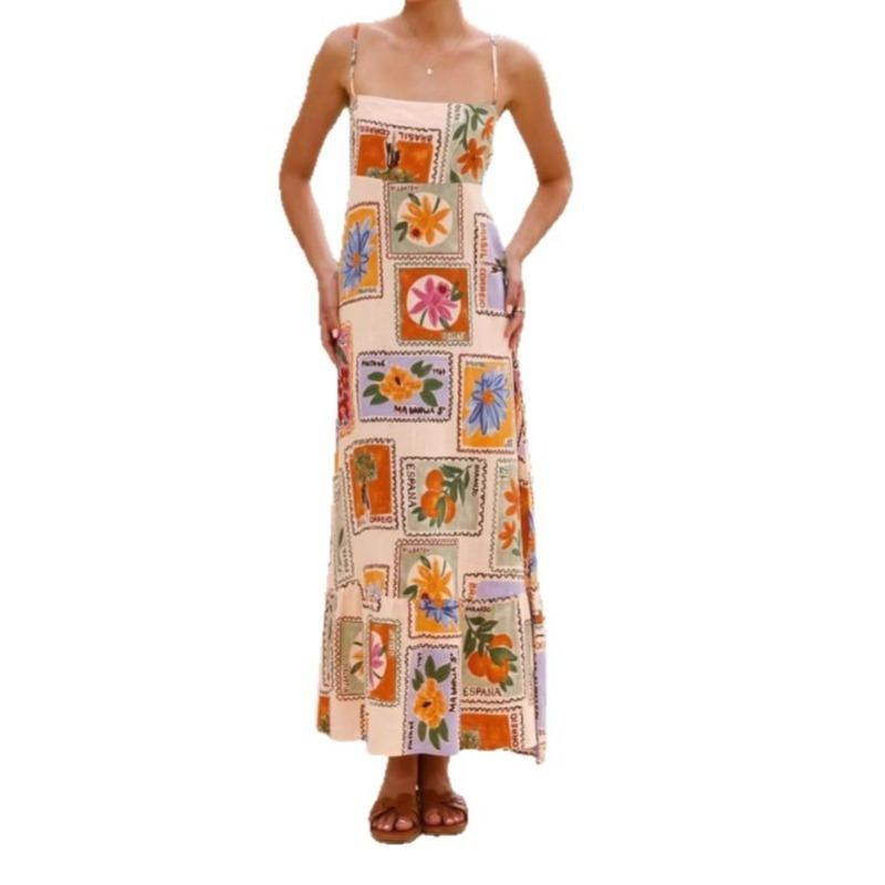Damen Sommer Casual Boho Langes Sommerkleid Spaghettiträger Quadratischer Ausschnitt Ärmellos Fließendes Maxikleid A-Linie Strandkleid für Damen