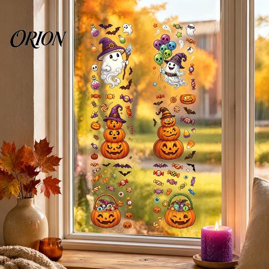 Home Window Ornaments Halloween Cartoon Cling Stickers, Ghost Pumpkin Candy Glass Decals, Self-Adhesive Removable Party Venue Backgrounds Art