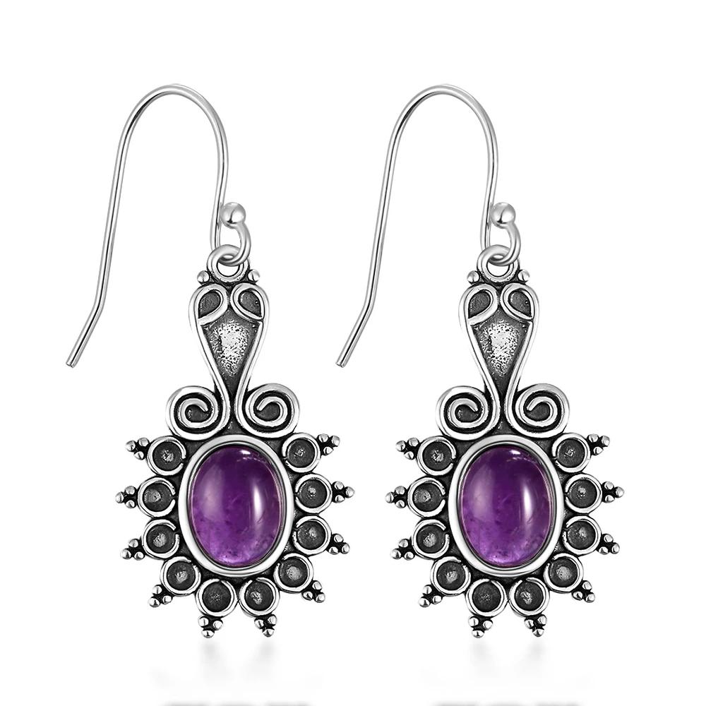 New Style Oval Ethnic Flower Amethyst Women's S Silver Drop Earrings Wedding Party Anniversary Engagement