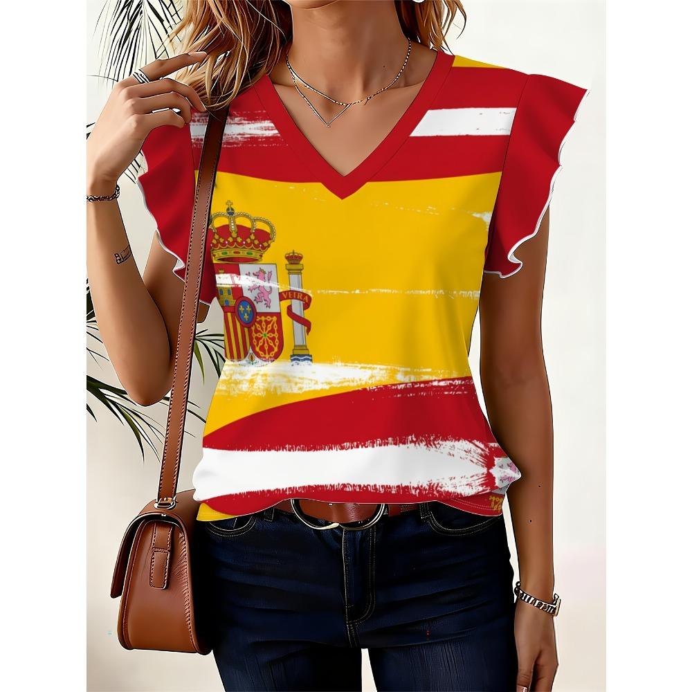 Spanish Flag Print Color Block Design National Celebration Surprise Gift High-Quality Women S All-Over Print V-Neck Top S