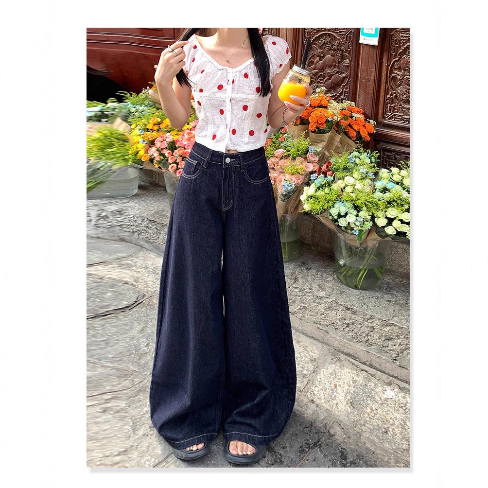 Women's Deep Blue Wide-Leg Jeans - Summer Thin, Petite, Loose, Slimming, Floor-Length Straight Leg Pants