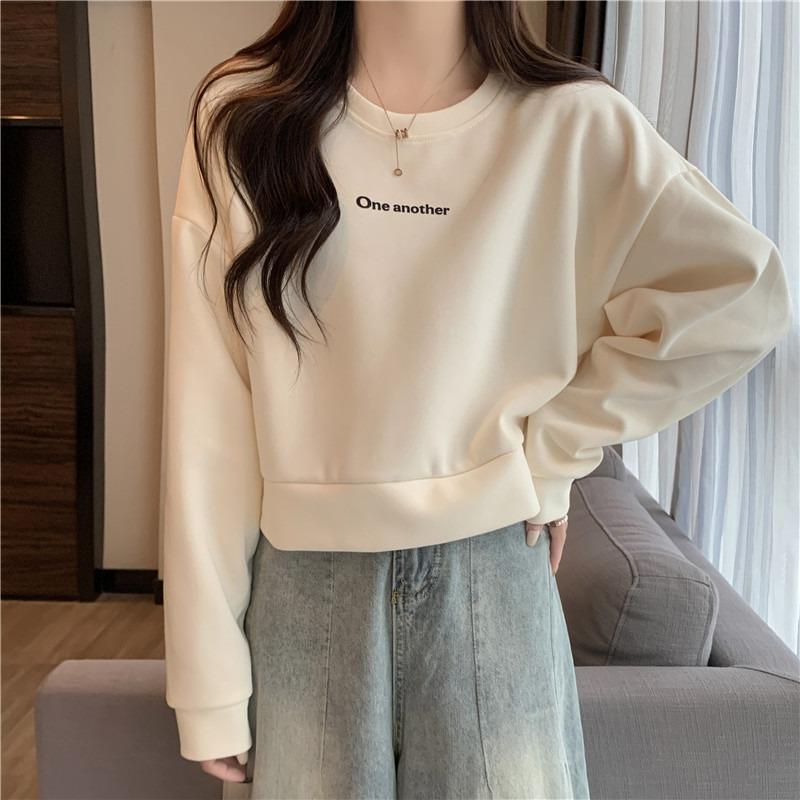 Real shot without hat short sweater women's loose and versatile autumn and winter thin pullover printed alphabet top