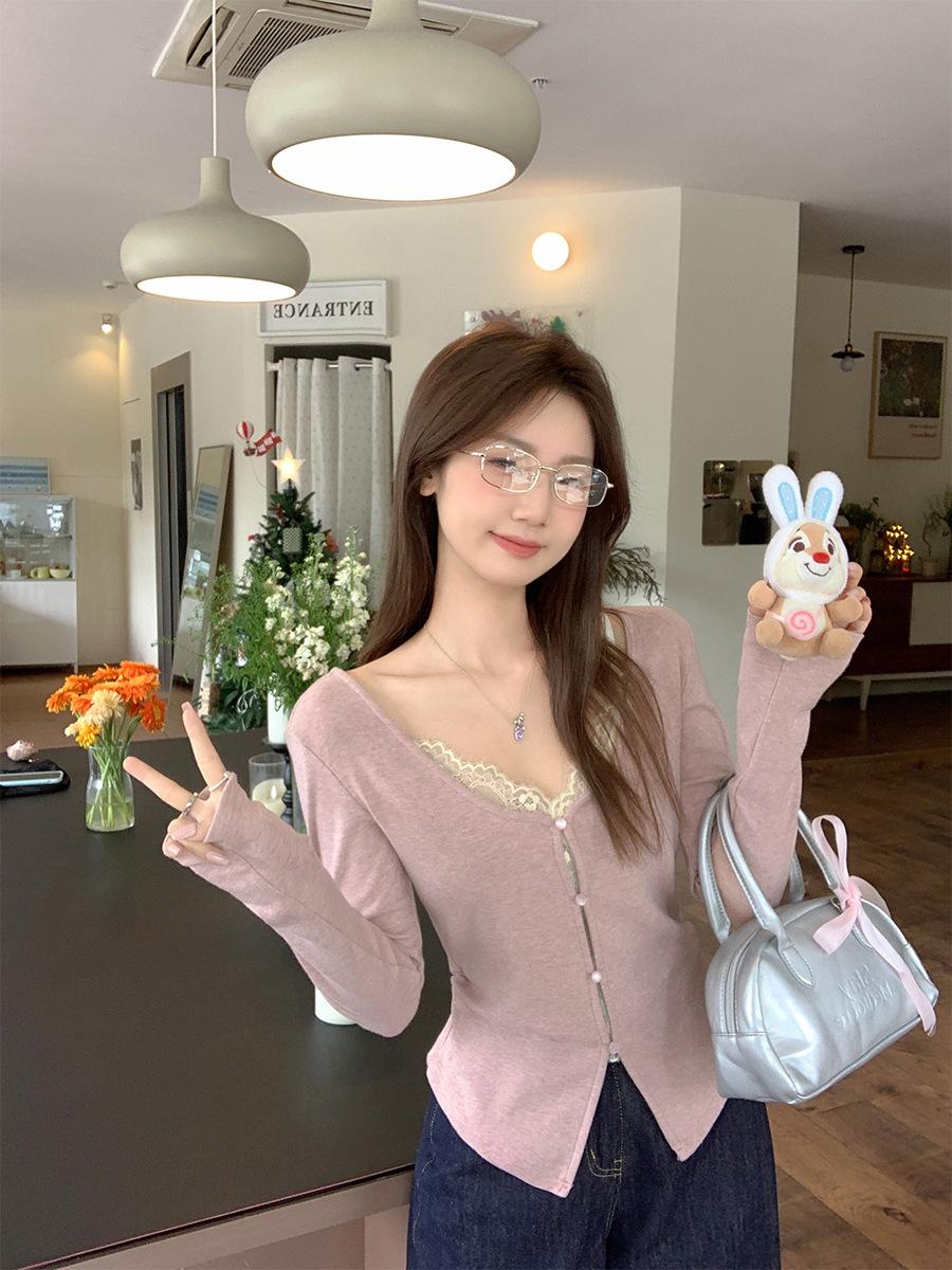 

Bm sweet Spice Girl lace fake two V-neck long-sleeved T-shirt women s autumn and winter inner pleated waist bottoming shirt top S розовый