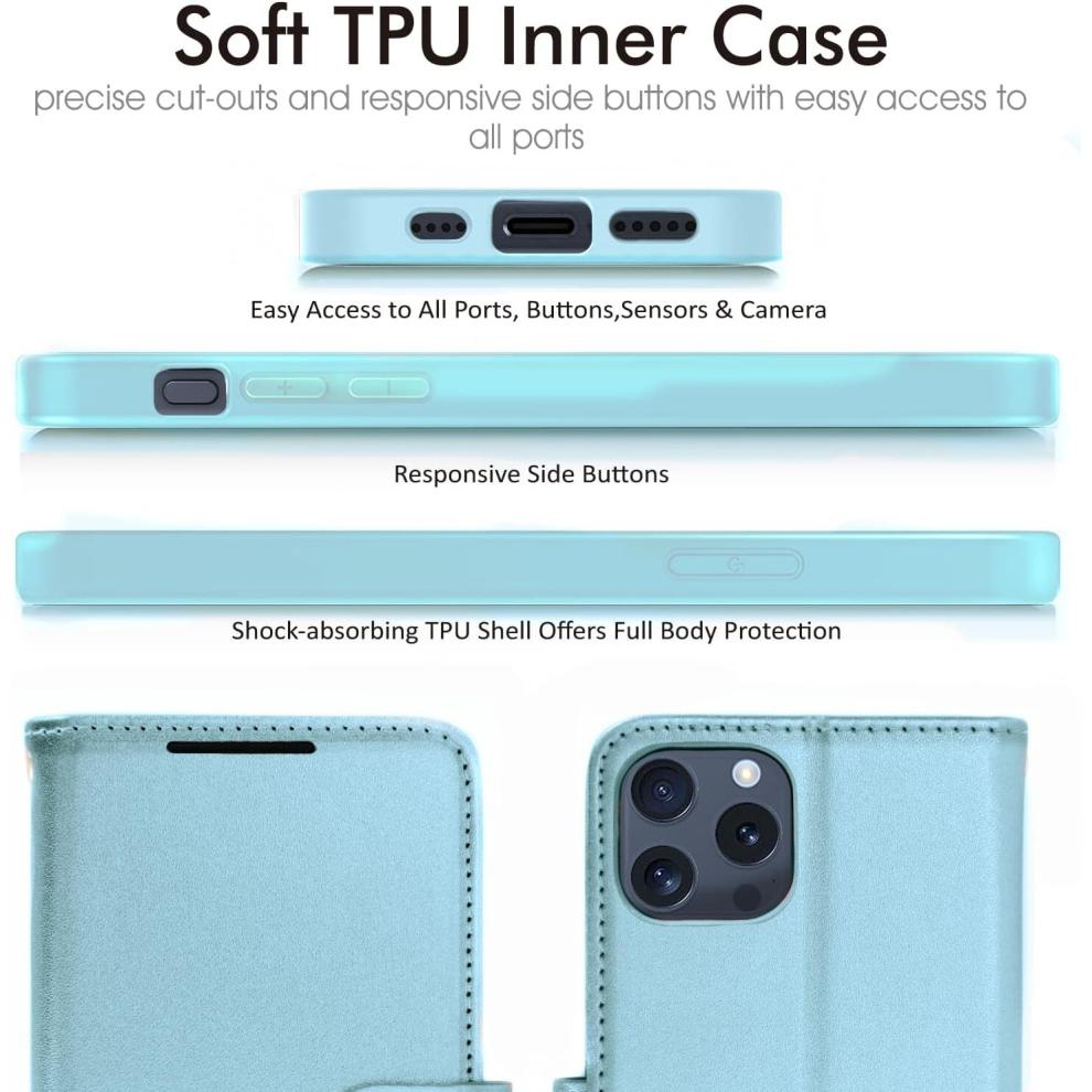 iPhone 15 Pro Max Leather Wallet Case, Flip Protective Case Cover with Wallet Card Holder, Stand and Wrist Strap PU Leather Case