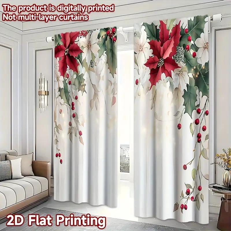 

2pcs Charming Poinsettia Pattern Curtains Romantic Design Light - Filtering Polyester Curtains for Christmas Home Windows 100*130 HOOK 1pcs