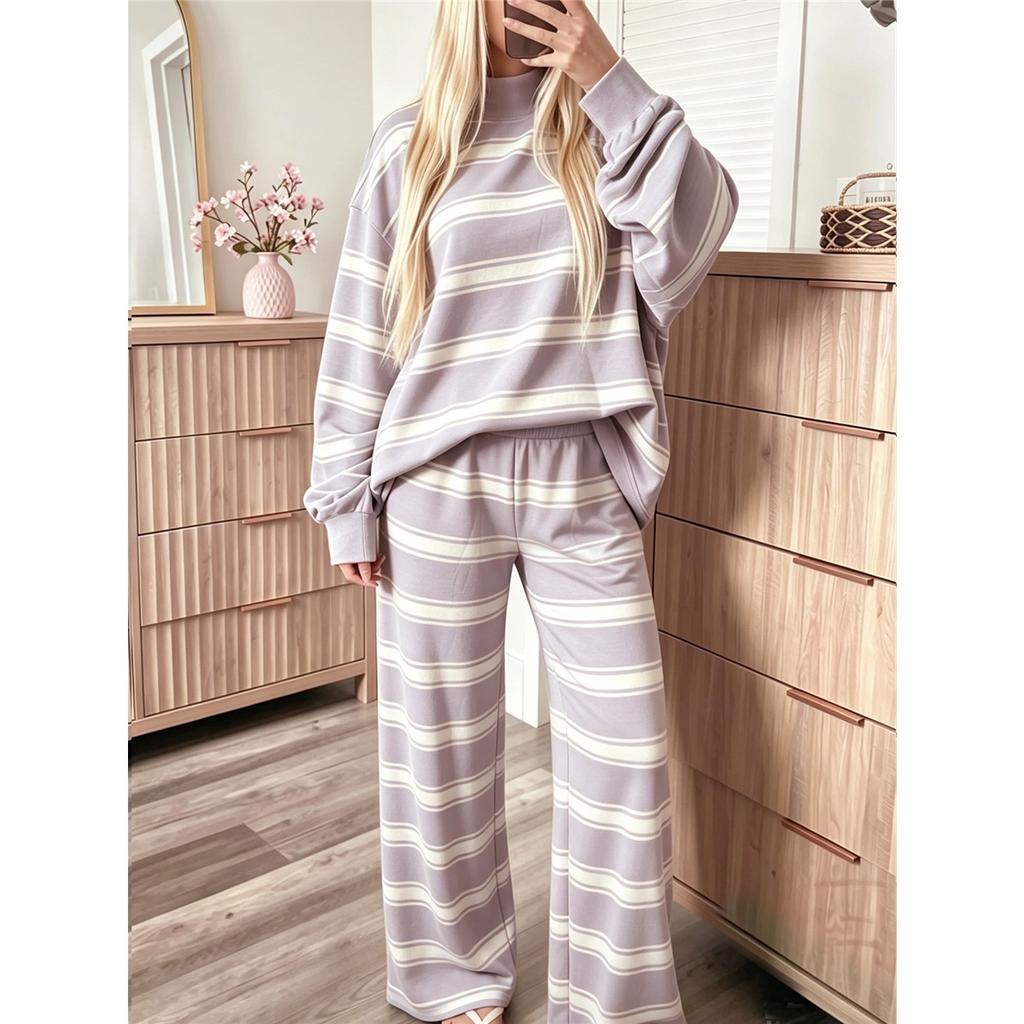 Women Striped 2‑Piece Outfit Crew Neck Long‑Sleeve Loose Sweatshirt Elastic Waist Wide‑Leg Pants Casual Loungewear Tracksuit Set