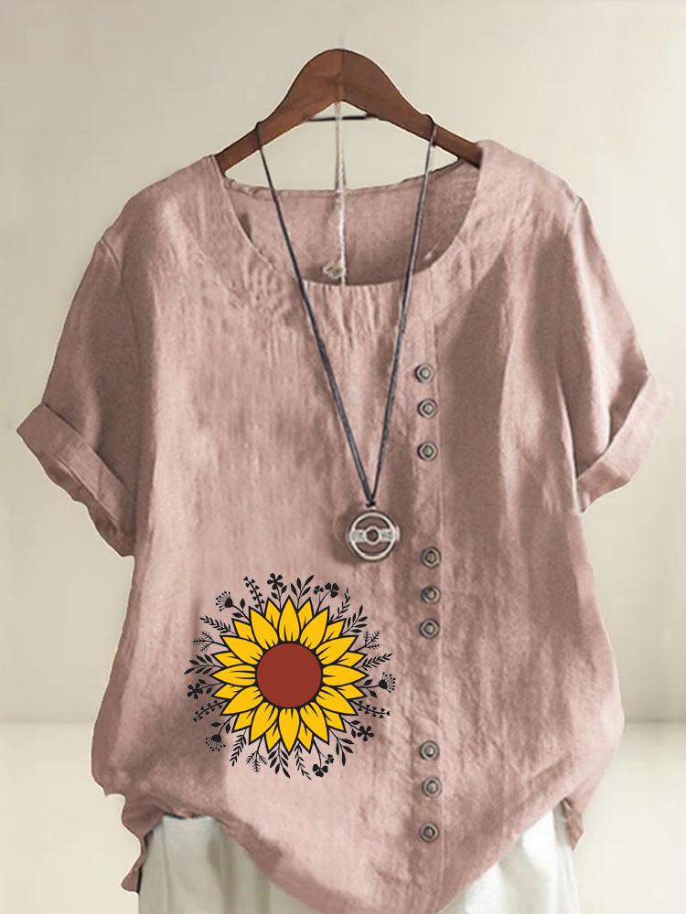 Women's Fashion Sunflower Flowers Print Shot Sleeve T-shirt Loose Cotton Shirt Casual Loose Summer Blouse Tops Plus Size