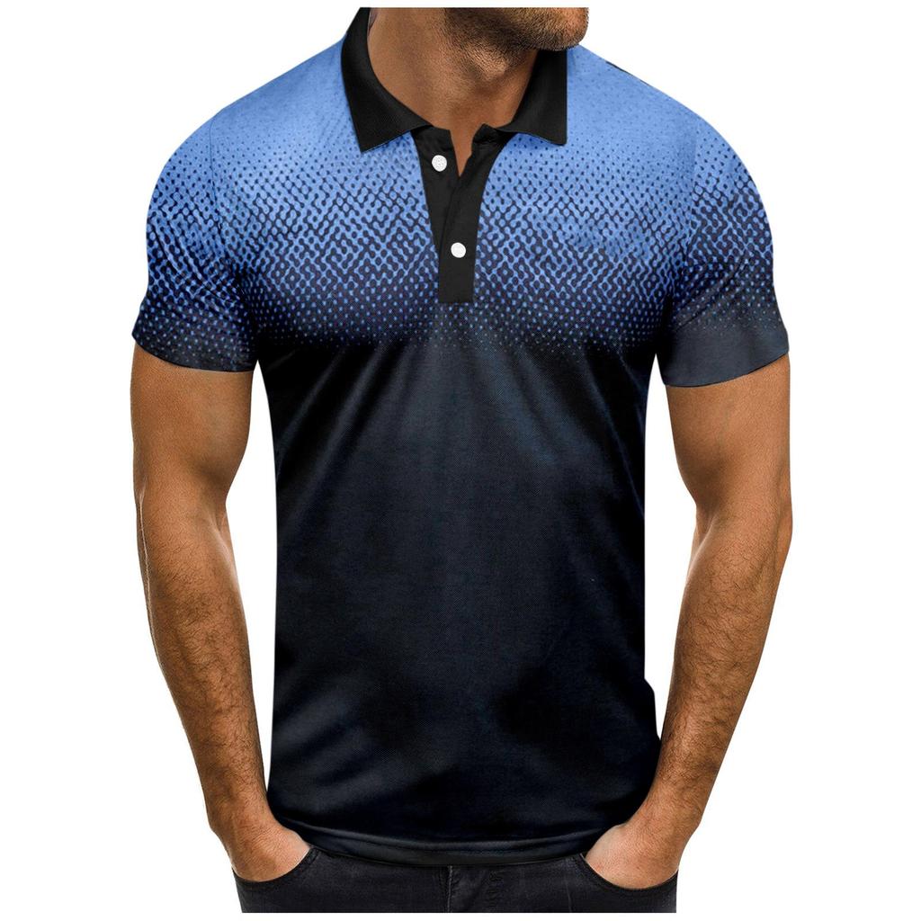 Men's Fashion Casual Short Sleeve Gradient Printed Lapel T-Shirt Tops