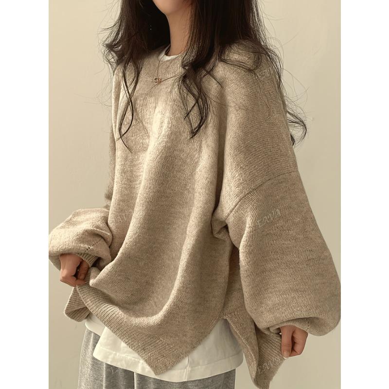 Korean Style Lazy Loose Fit Crew Neck Long Sleeve Knit Sweater For Women