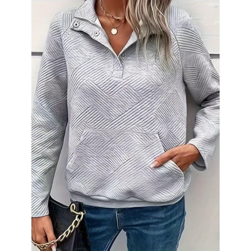 Buttoned Collar Long Sleeve Solid Texture Casual Women S Sweatshirt