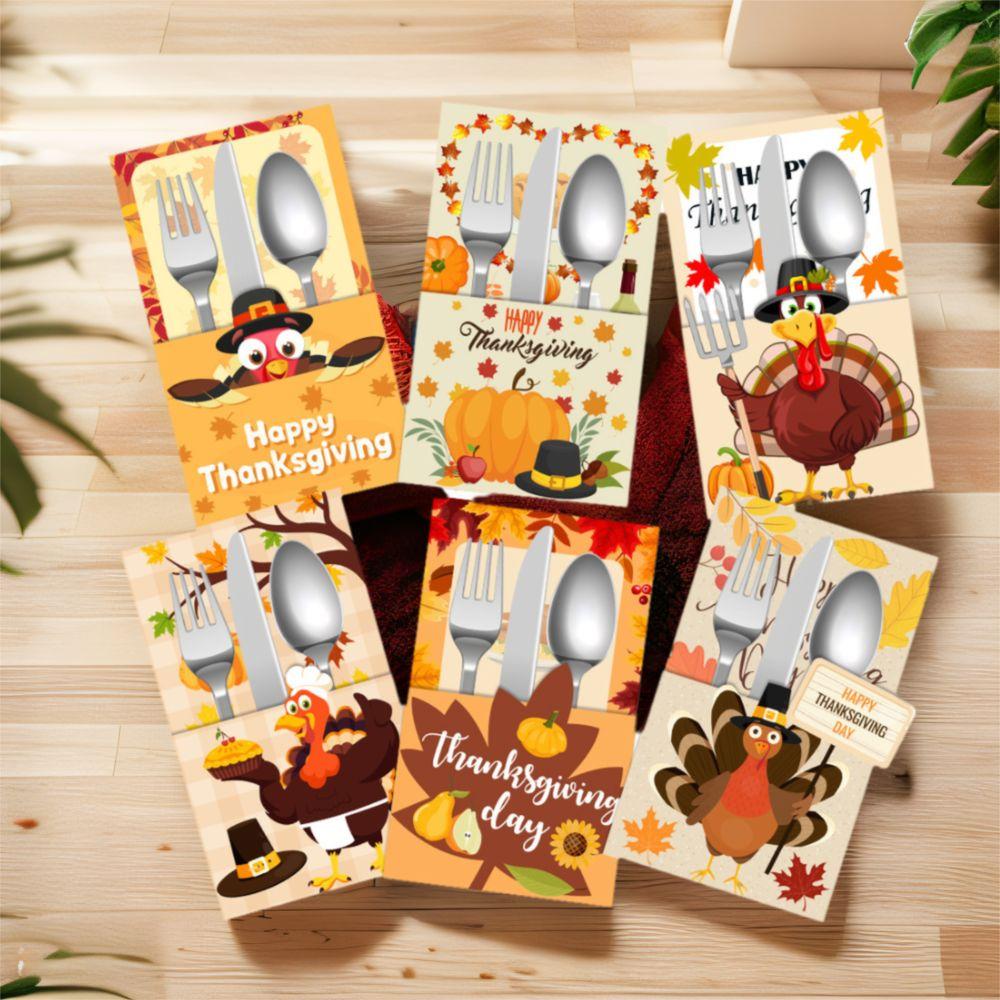 6pcs Turkey Maple Leaf Cutlery Storage Bags Autumn Theme Tableware Cover  Home Decor