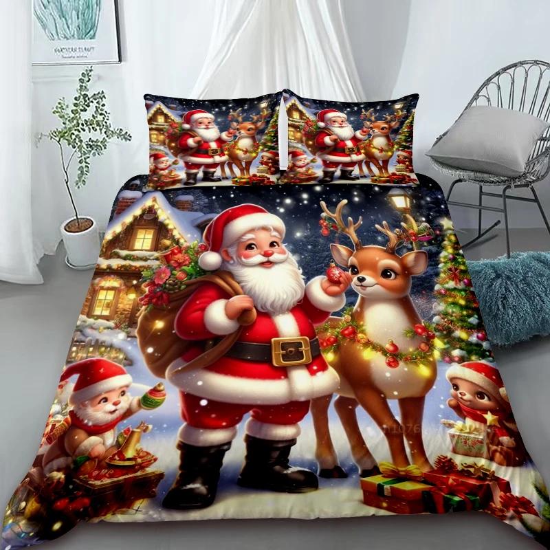 Cartoon Santa Claus Duvet Cover Elk Christmas Bedding Set With Zipper 1 Duvet Cover 2 Pillow Case Queen King Bedroom Decor