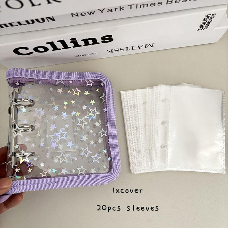 Mini PVC 3-Ring Binder Laser Star Design Zipper Closure Transparent Album For Photo Card Storage Memory Keeping Collecting Exquisite Fast Delivery