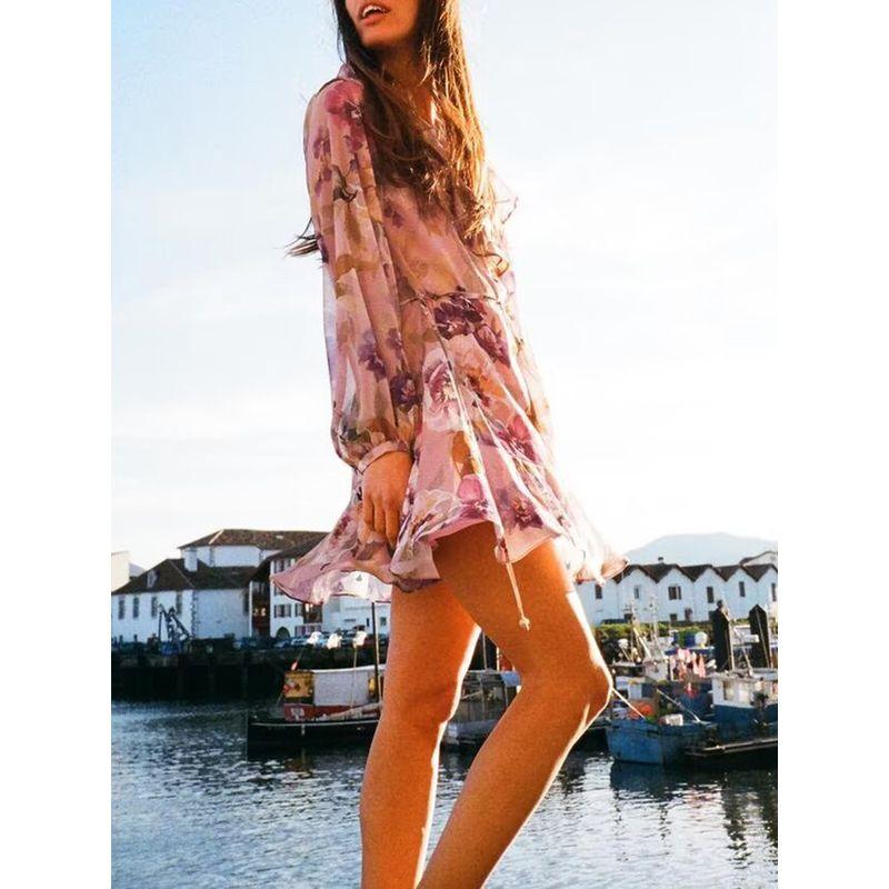 Za2025 Spring New Women's Clothing Temperament Wild Flowers Print Laminated Decoration Mini Dress 2503131