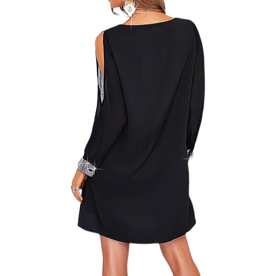 New Women's Solid Color Off-Shoulder Sleeve Casual Fashion Deep V-Neck Patchwork Dress