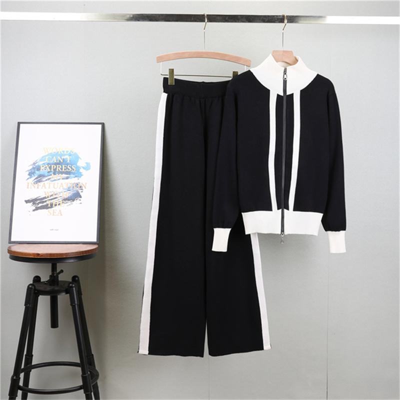 Autumn Women'S Fashion Zipper Jacket Knitted Suit Temperament Color Blocked Wide Leg Pants Two Piece Set
