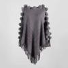 307 Fall Winter Tassel Pom Shawl Cape Womens Crew Neck Pullover Knit Sweater