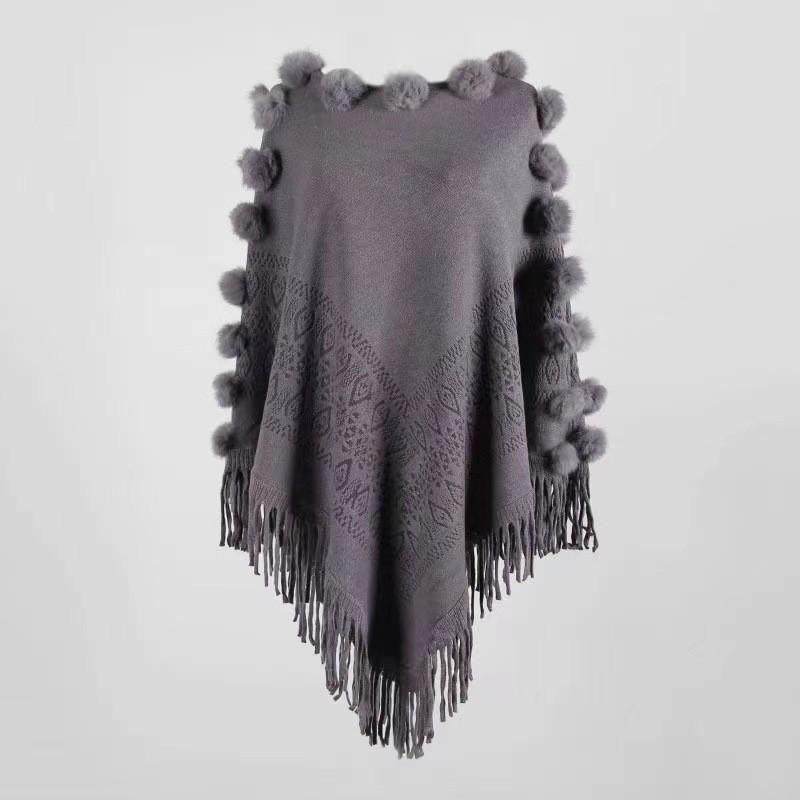 307 Fall Winter Tassel Pom Shawl Cape Womens Crew Neck Pullover Knit Sweater
