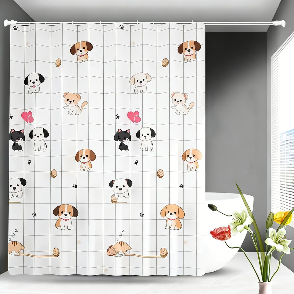 Cute Cartoon Puppies & Kittens Shower Curtain - Waterproof Polyester with Hearts & Yarn Balls On White Grid