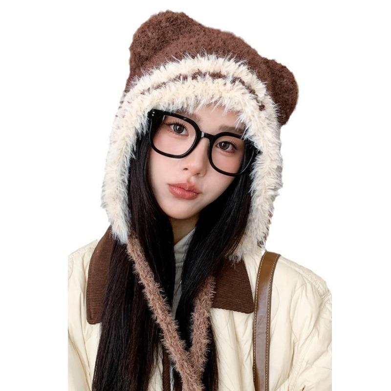 Female autumn and winter cute bear ears plush hat warm windproof cycling ear protection contrasting knitted wool hat