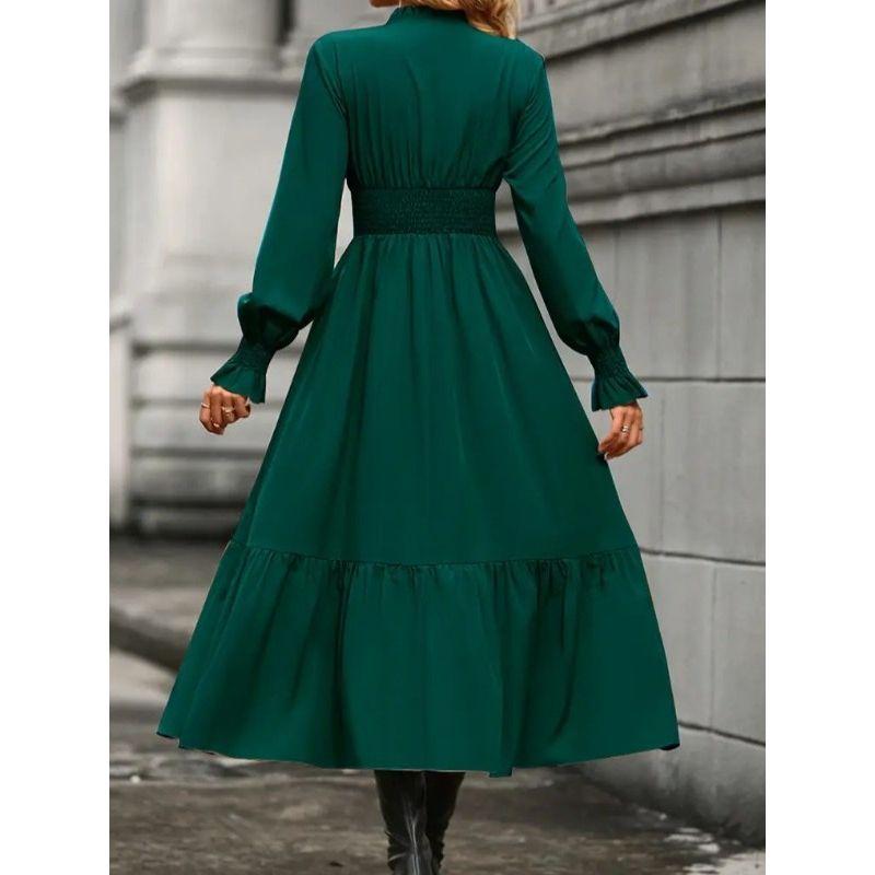 Autumn Fashion Style Fashion Commuter Ol Pure Color V-neck Waist-Controlled Slimming Temperament Long Sleeve Large Swing Dress Dress Dress
