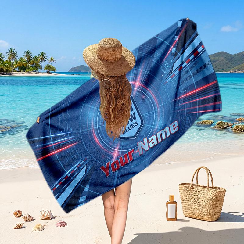NSW Blues Customized Name Text Beach Towel, Soft Absorbent Towel Beach Pool Travel Personal Gift