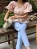Koreanisches Sommer Puffärmel Quadratkragen Slim Fit Hemd für Damen