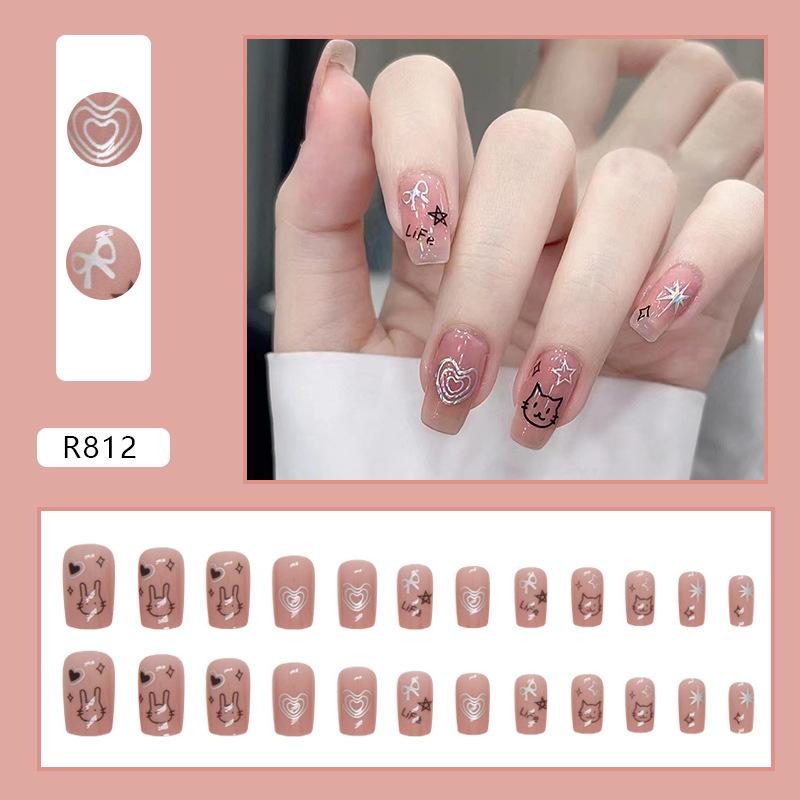 24 Pieces Medium and Long Love Stars Cute Little Rabbit Childlike Girl Heart Fake Nails Wearable Manicure