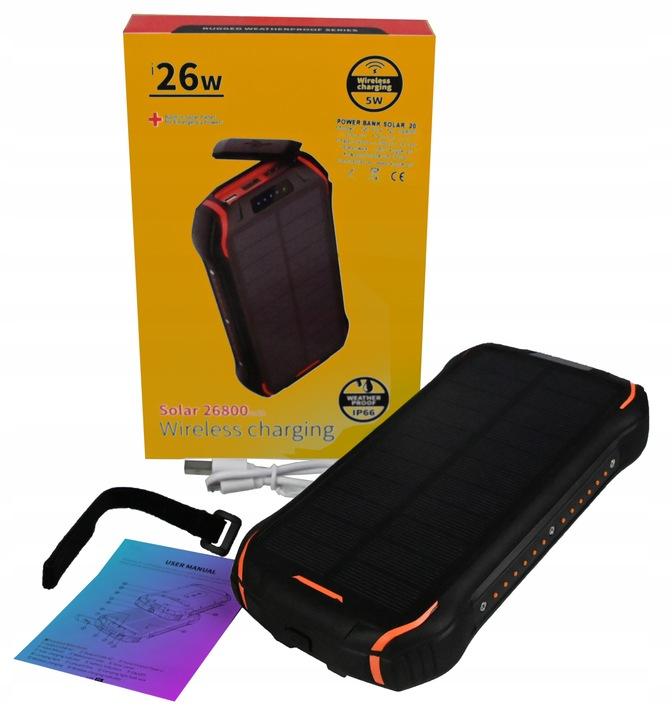 Powerbank 26800Mah Panel Solarny 26W Szybkie Ładowanie Indukcyjne Pancerny