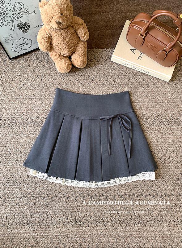 

Plus Size Korean Academy Style Bowknot Pleated Lace Patchwork A-line Skirt 3XL (for 75-85 kg) сірий колір