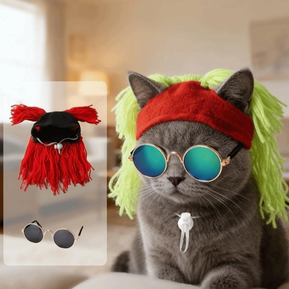 Rock Roll Style Pet Leaky Ear Cap Wig Cap Pet Cosplay Headwear Funny Cat Hat  Party Costume