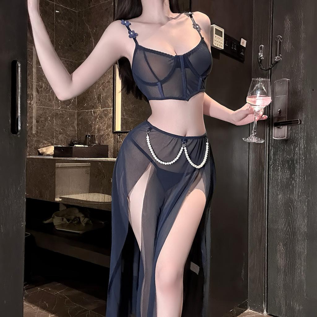 European and American erotic underwear, sexy suspender skirt, mesh lace summer and autumn nightdress, thin pearl pure lust abstinence