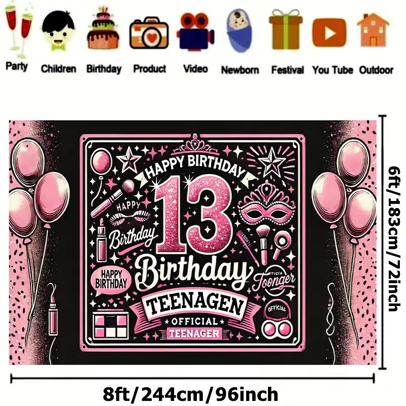 2D Glitter Pink Cosmetic Theme 13 Teenager Birthday Photography Backdrop Banner