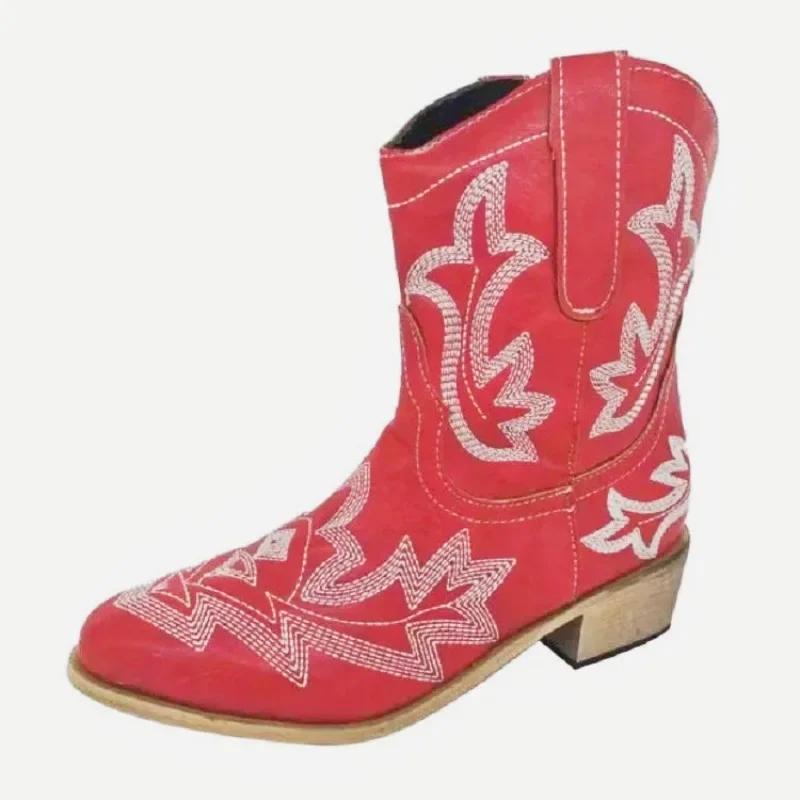 Women's Chelsea Boots Embroidered Western Pointed Retro Cowboy Boots 2024 Winter Women's New Casual Square Heel Slip-on Boots