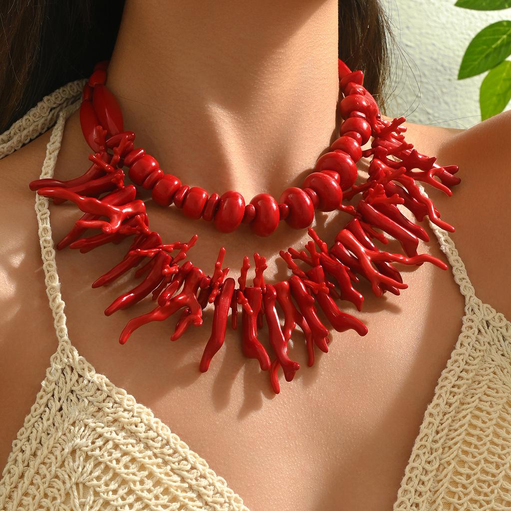 Women's Multi-Layer Coral Necklace Fashion Long Clavicle Chain Geometric Jewelry Two-Piece Set Stylish Accessory